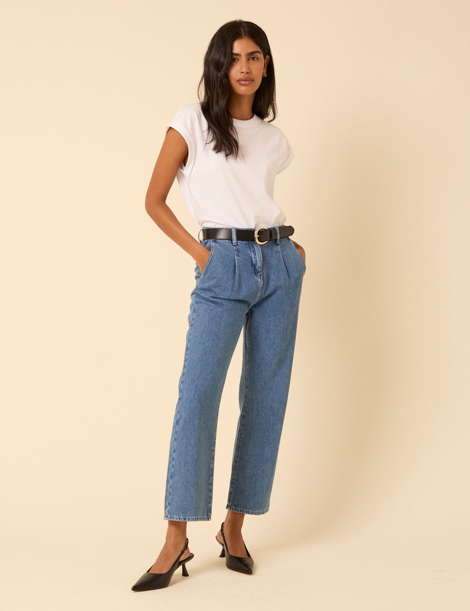 Blue High Rise Pleated Straight Leg Jeans