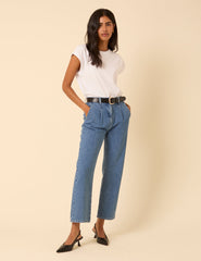 Blue High Rise Pleated Straight Leg Jeans