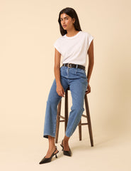 Blue High Rise Pleated Straight Leg Jeans