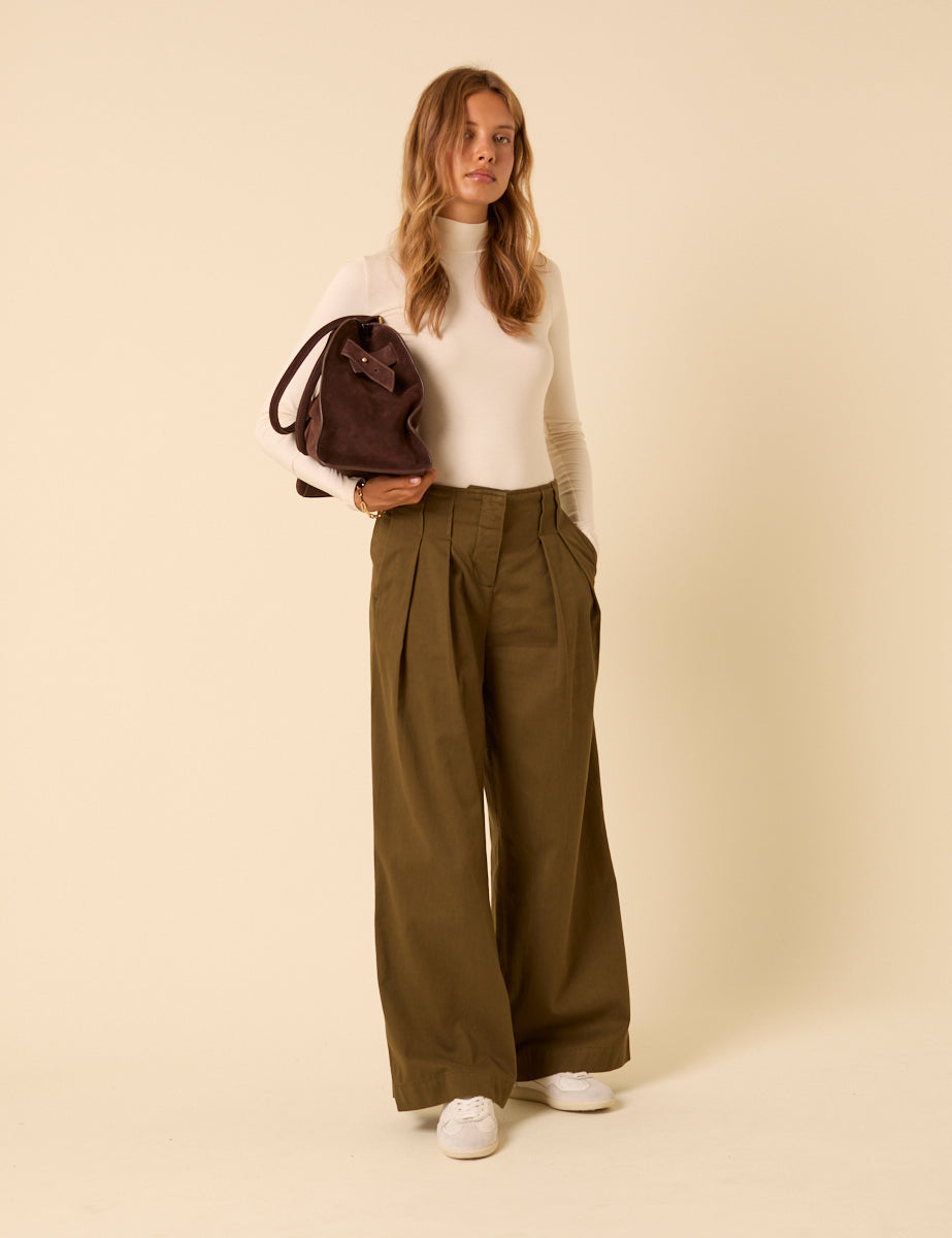 Green Pleated High-Waisted Trousers