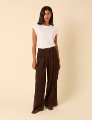 Brown Pleated Wide Leg Trousers