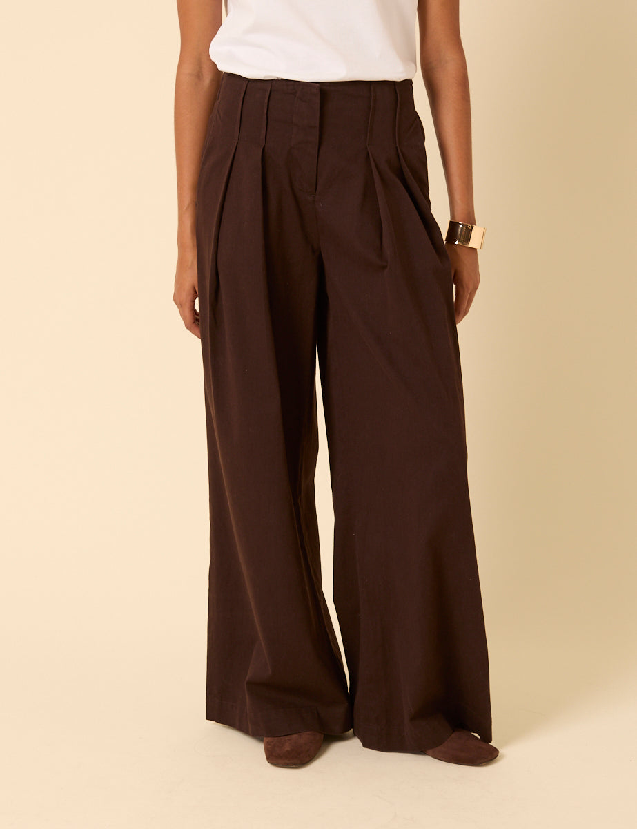 Brown Pleated Wide Leg Trousers
