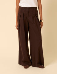 Brown Pleated Wide Leg Trousers