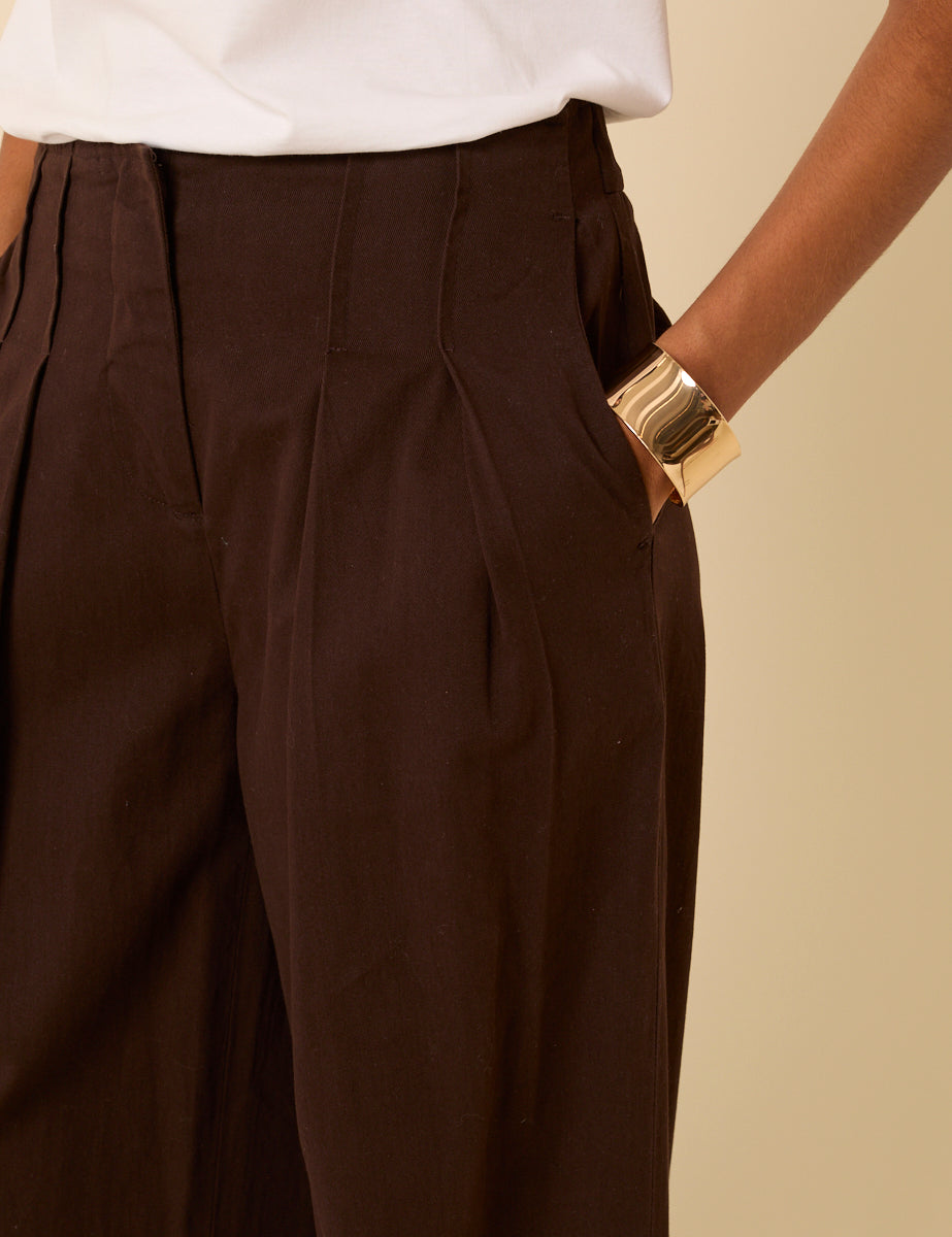 Brown Pleated Wide Leg Trousers