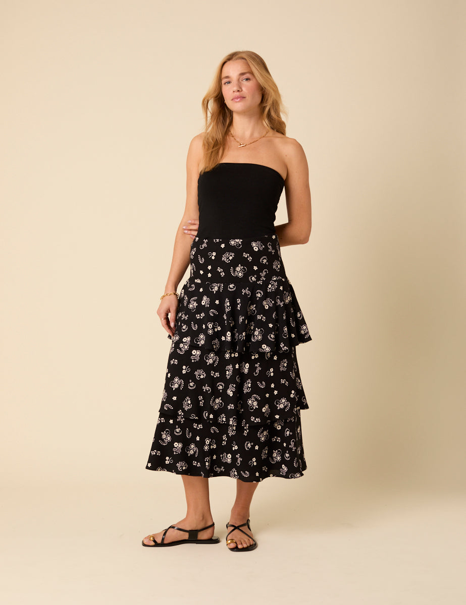 Black Printed Tiered Maxi Skirt