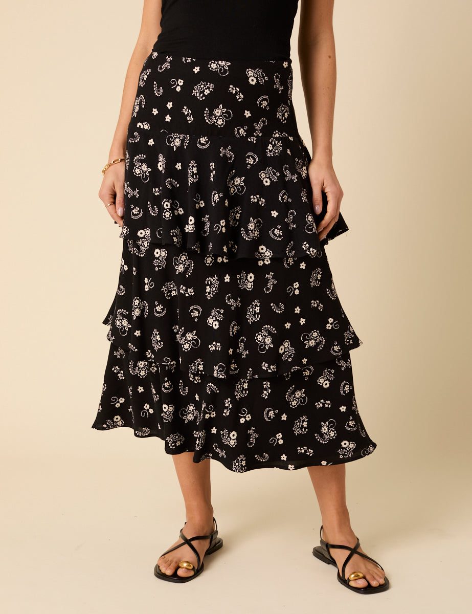 Black Printed Tiered Maxi Skirt