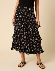 Black Printed Tiered Maxi Skirt