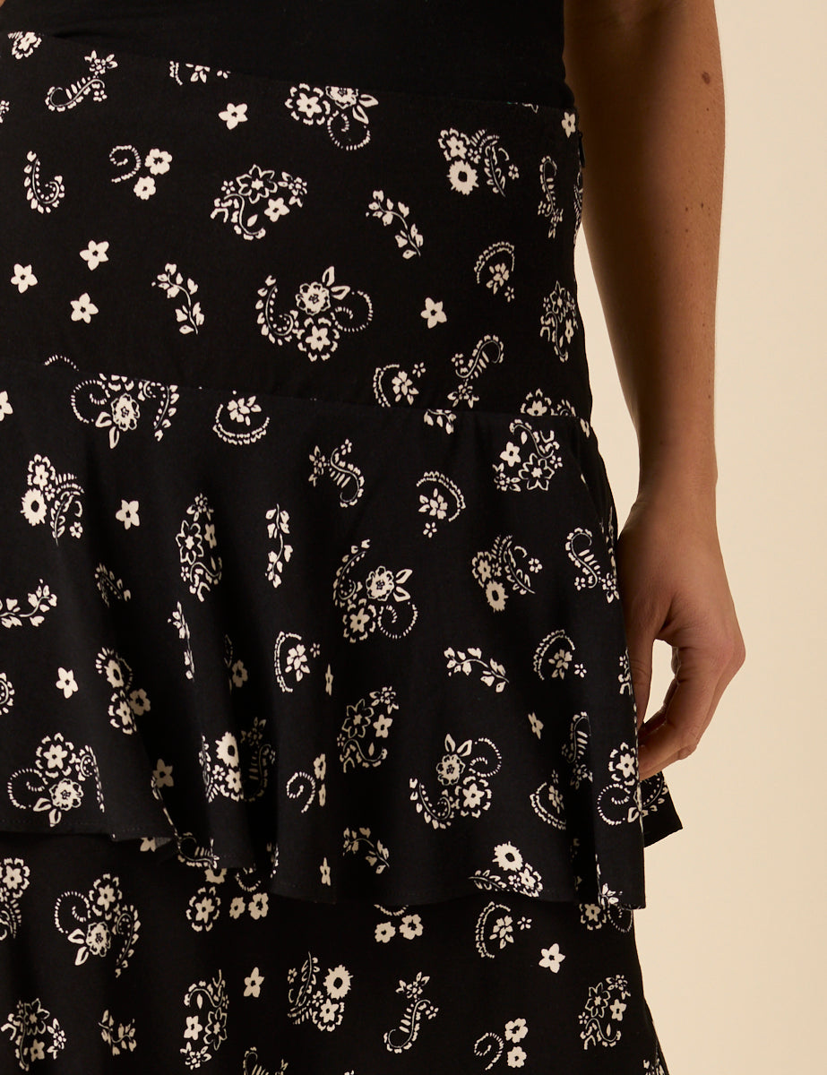 Black Printed Tiered Maxi Skirt