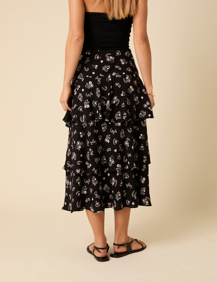Black Printed Tiered Maxi Skirt