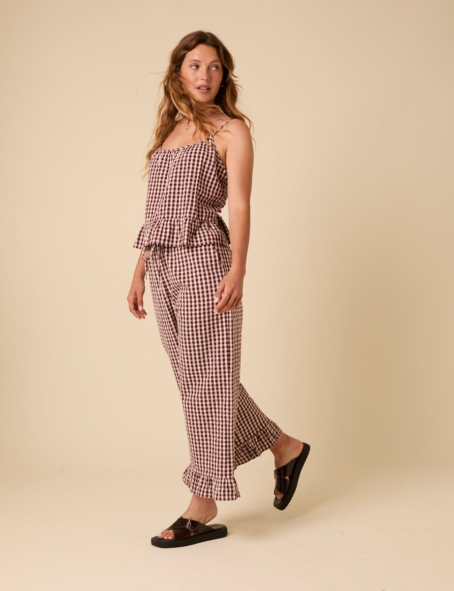 Brown Gingham Wide Leg Trousers