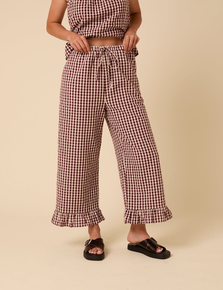 Brown Gingham Wide Leg Trousers