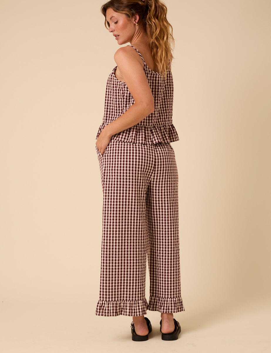 Brown Gingham Wide Leg Trousers