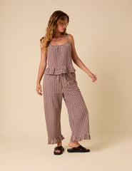 Brown Gingham Wide Leg Trousers