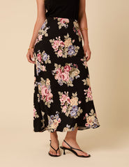 Black Floral Mila Midi Slip Skirt