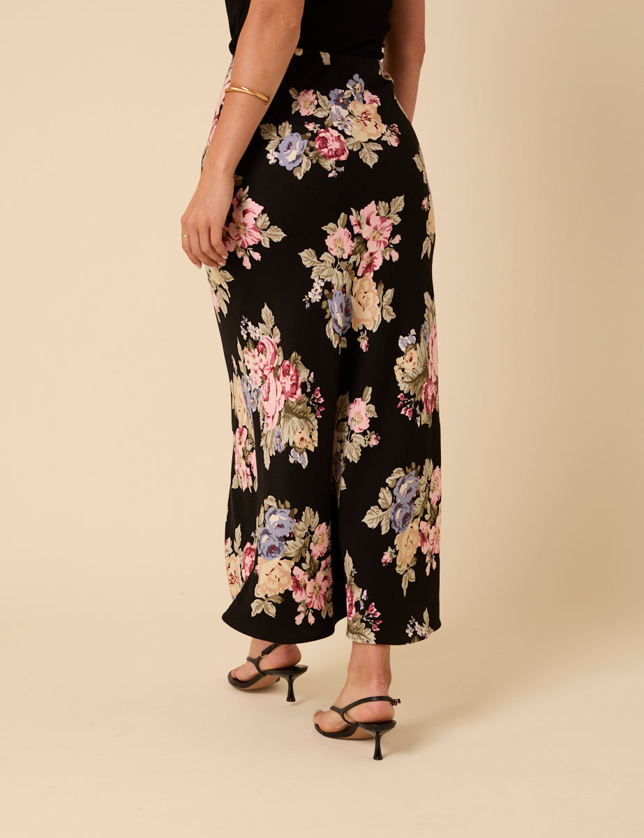 Black Floral Mila Midi Slip Skirt