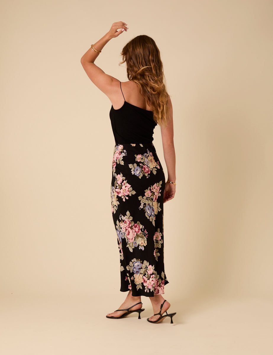 Black Floral Mila Midi Slip Skirt