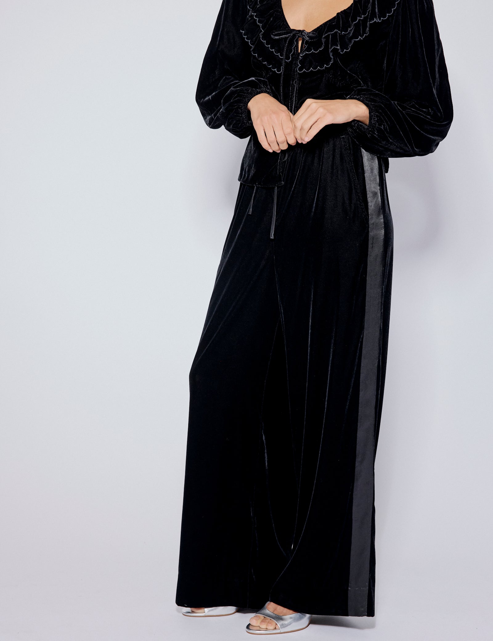 Black Velvet Contrast Satin Side Striped Trousers