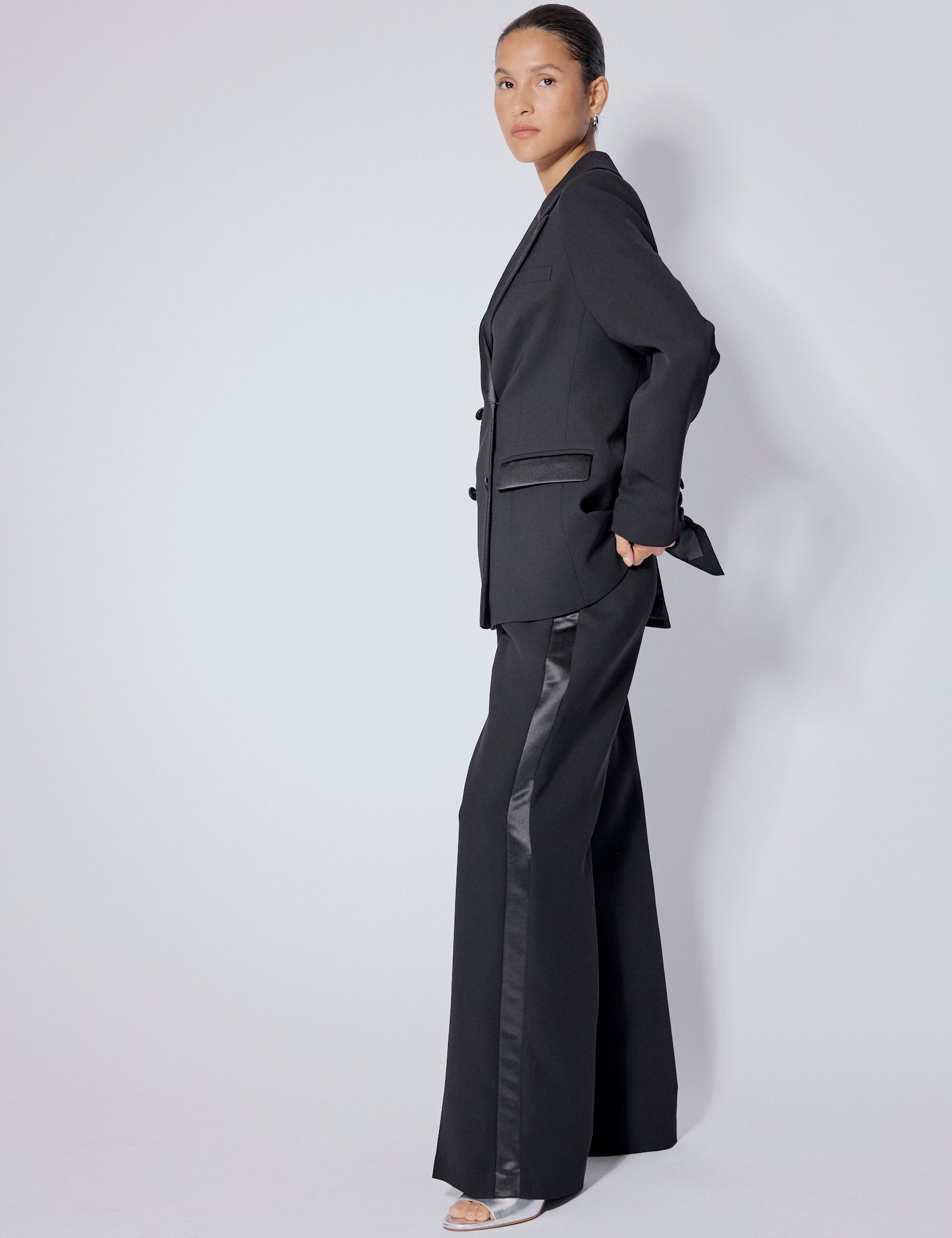 Black Tuxedo Wide Leg Suit Trousers