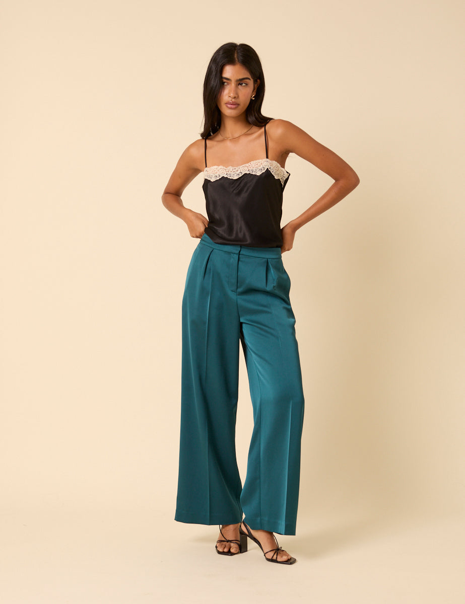 Turquoise Satin Tailored Trousers