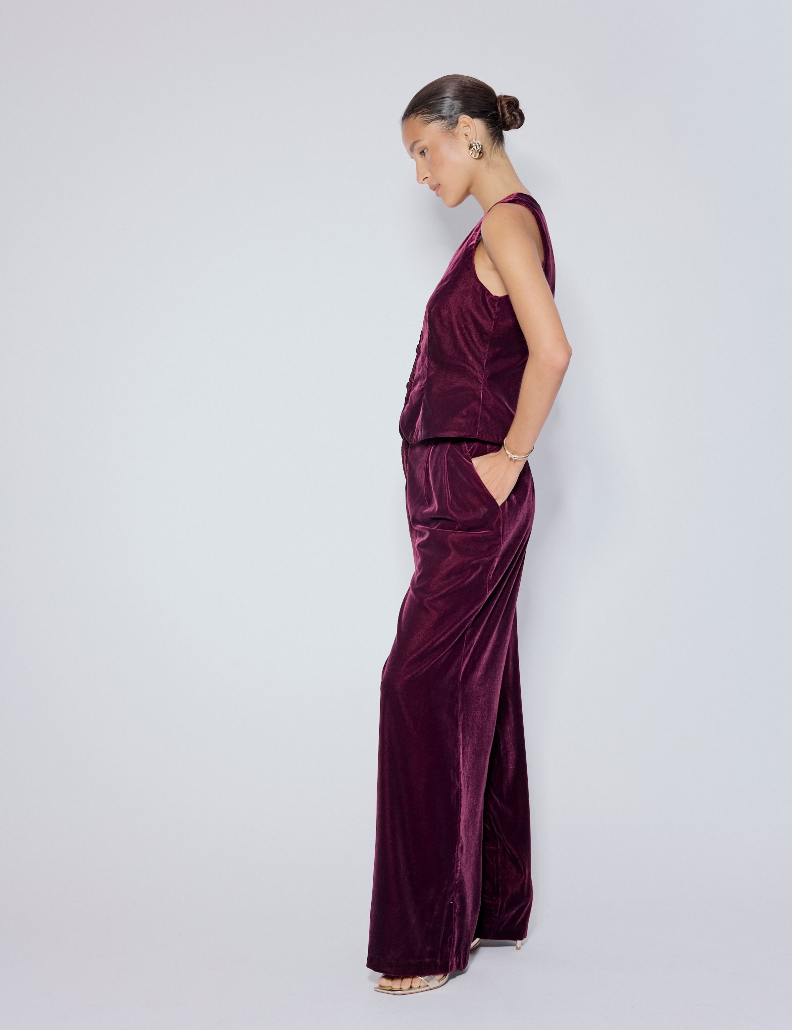 Burgundy Velvet Wide Leg Trousers