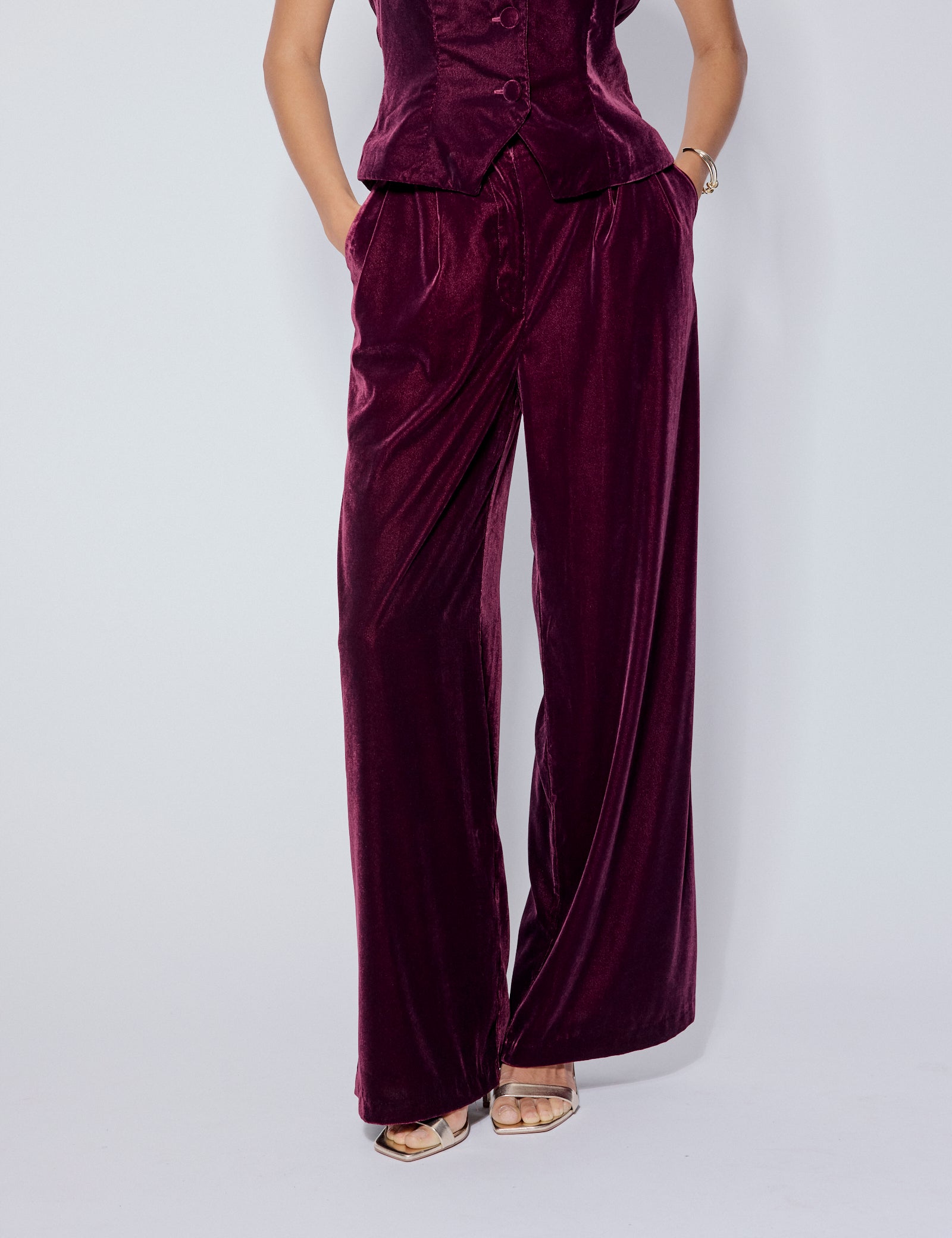 Burgundy Velvet Wide Leg Trousers
