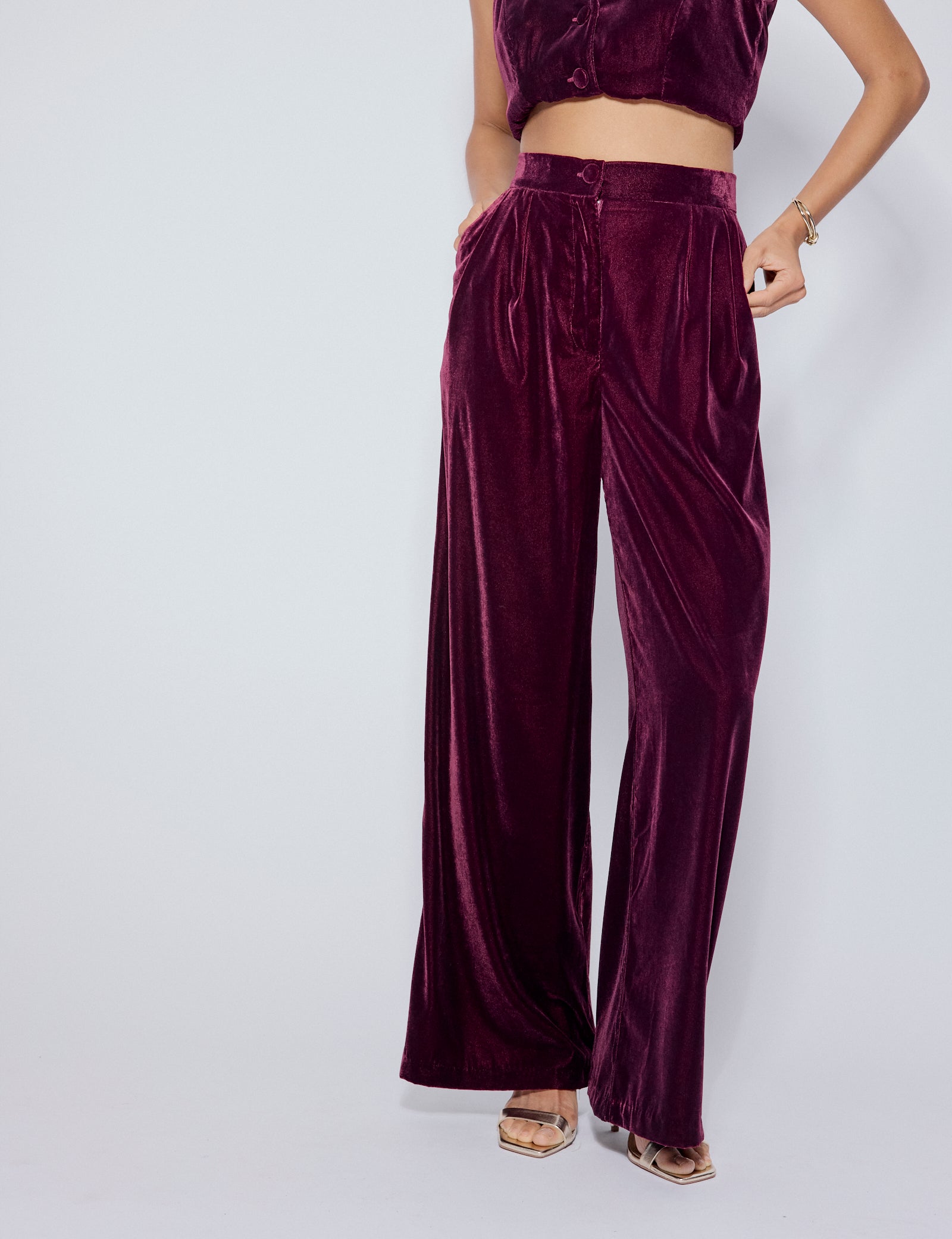 Burgundy Velvet Wide Leg Trousers