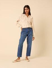Blue Mid Rise Utility Barrel Leg Jeans