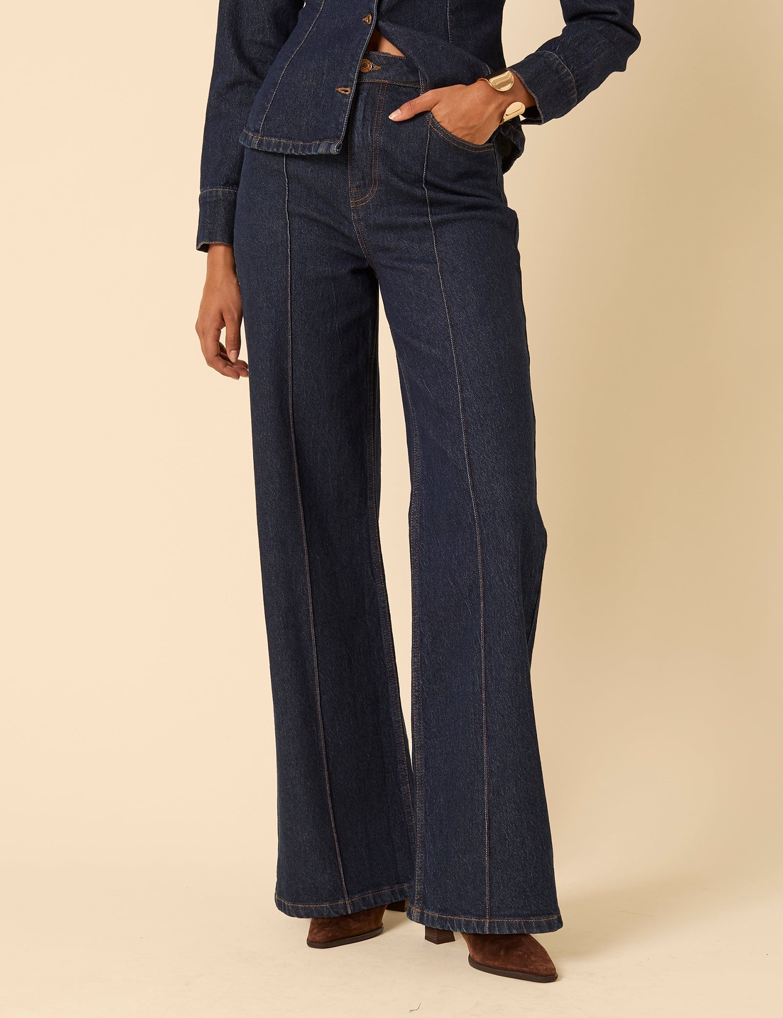 Dark Blue High Rise Stretch Wide Leg Jeans