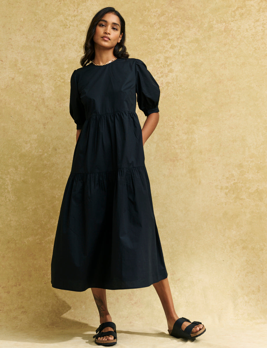 Black Rochelle Smock Midi Dress