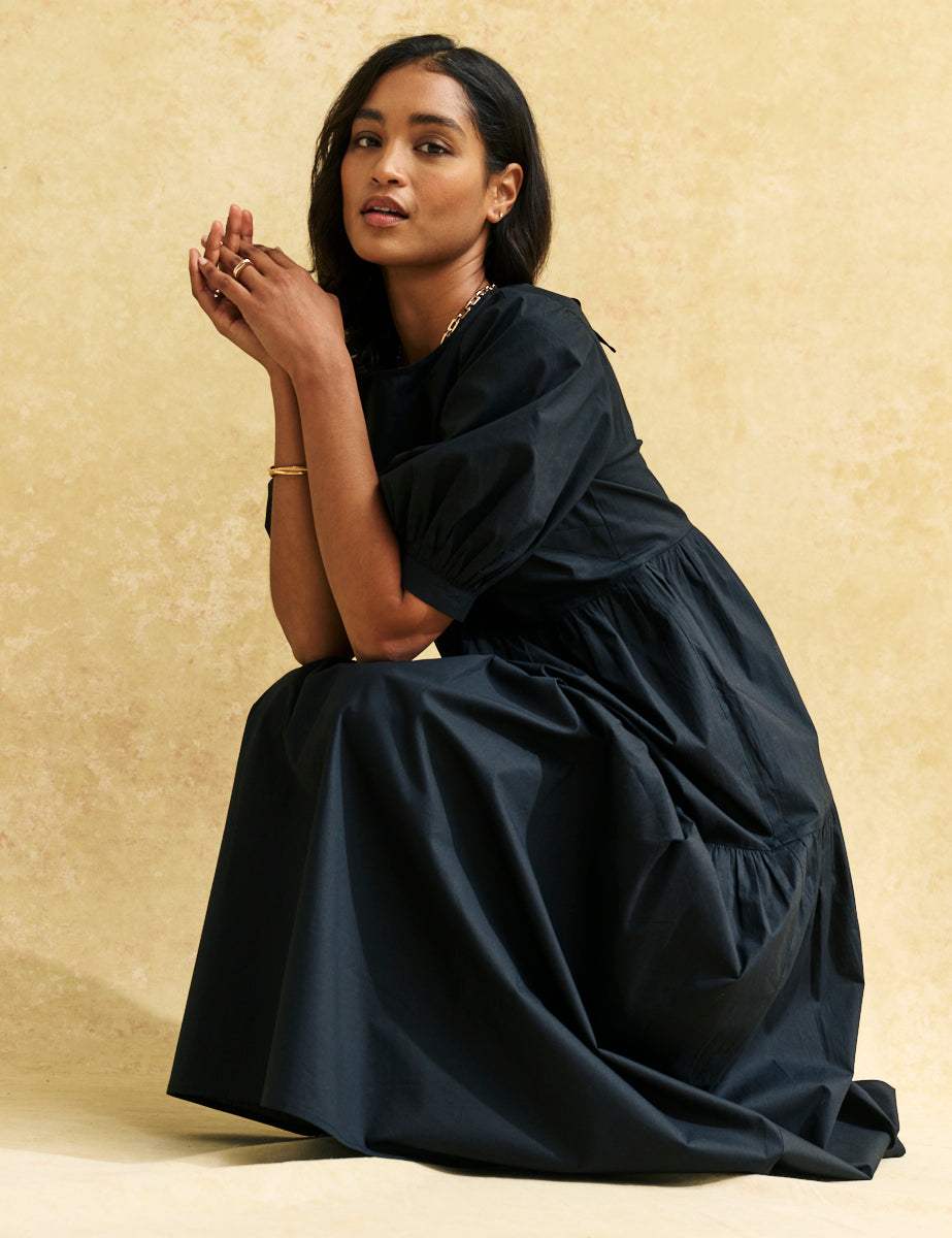 Black Rochelle Smock Midi Dress