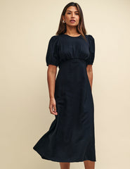 Black Puff Sleeve Bonnie Midi Dress