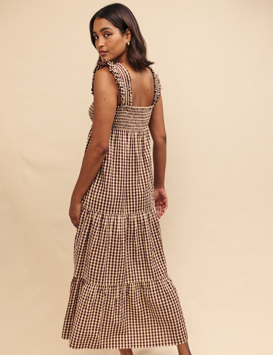 Brown Gingham Check Maya Smock Midi Dress