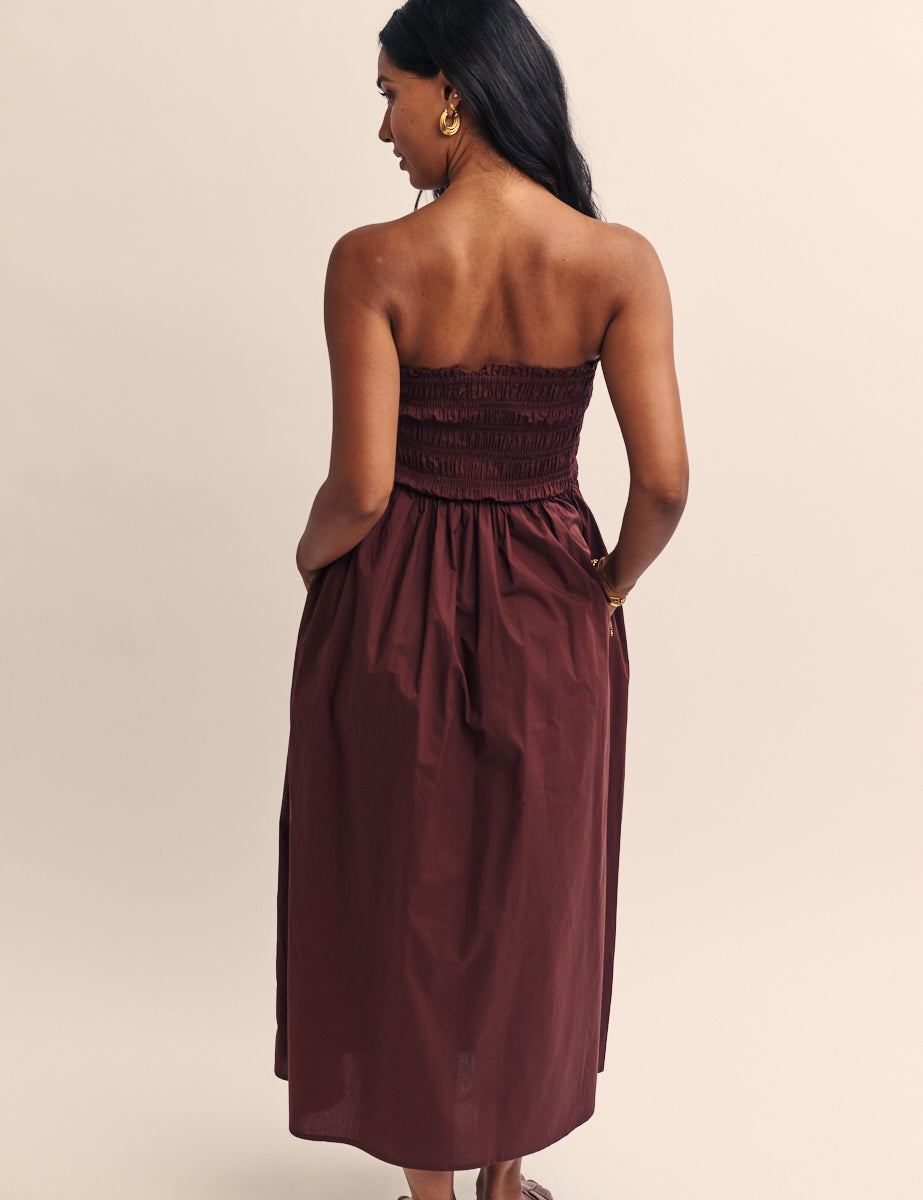 Brown Shirred Bandeau Annie Midi Dress