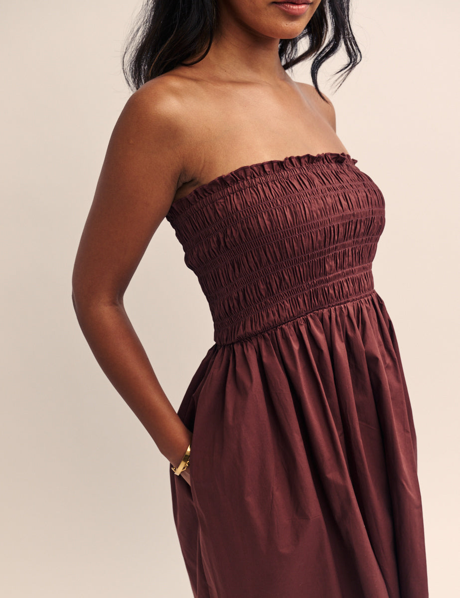 Brown Shirred Bandeau Annie Midi Dress
