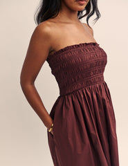 Brown Shirred Bandeau Annie Midi Dress