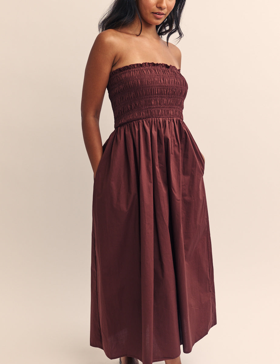 Brown Shirred Bandeau Annie Midi Dress