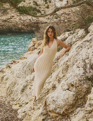 Cream Mock-Crochet Halter Midi Dress