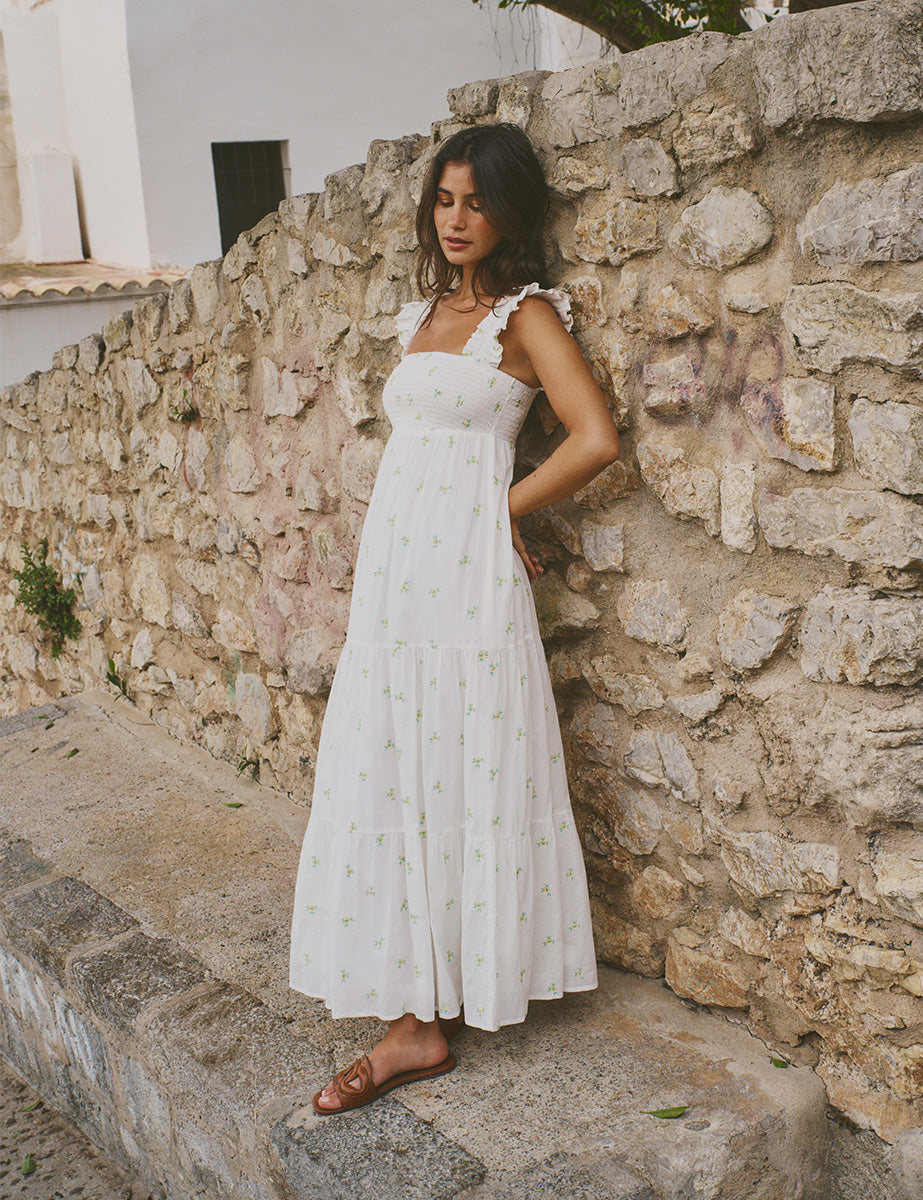White Maya Embroidered Midi Dress