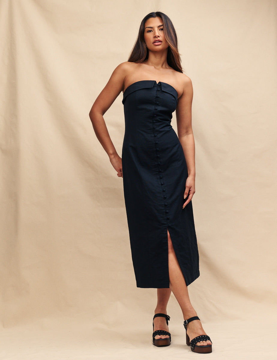 Black Bandeau Button Regina Midi Dress