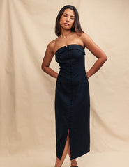 Black Bandeau Button Regina Midi Dress