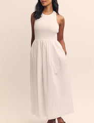 White Halterneck Shirred Tizzy Midi Dress