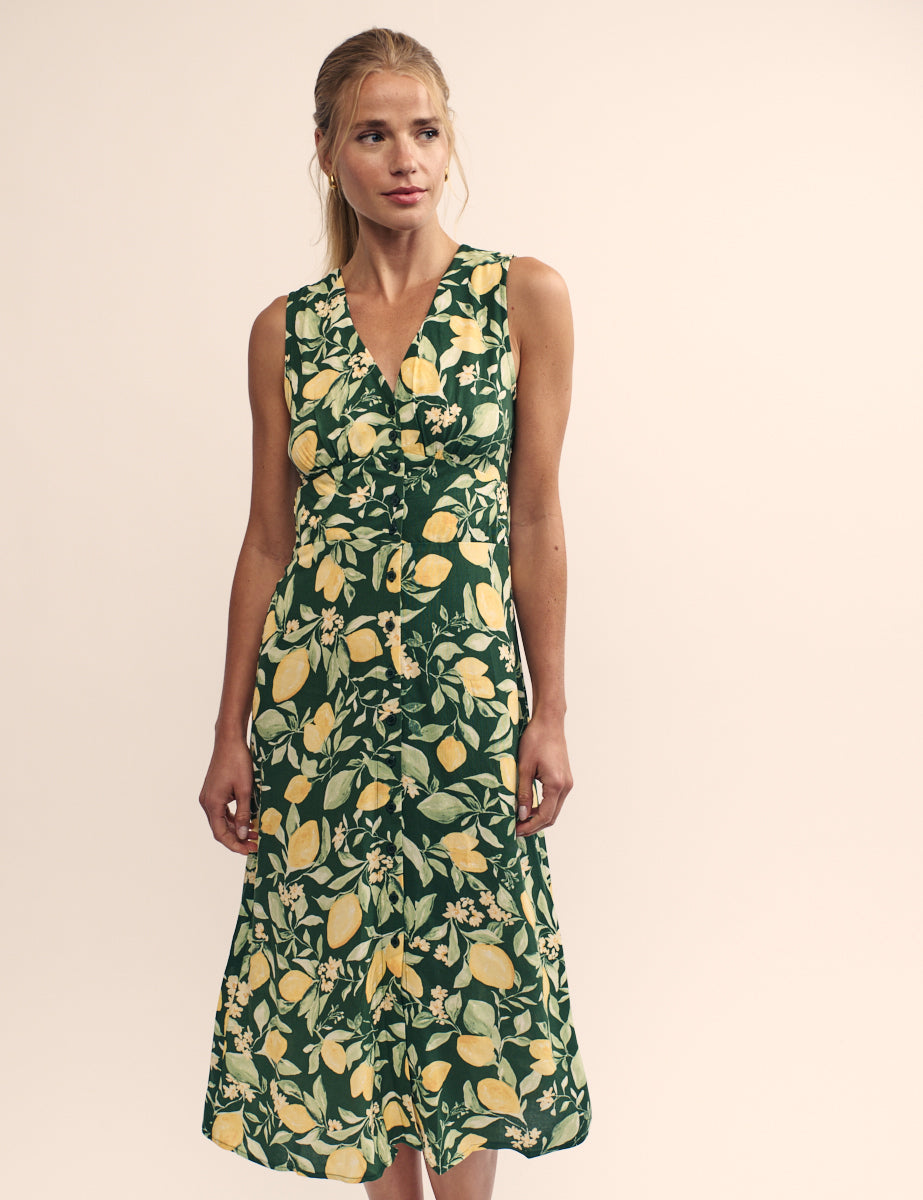 Green Lemon Print Sandra Midi Dress