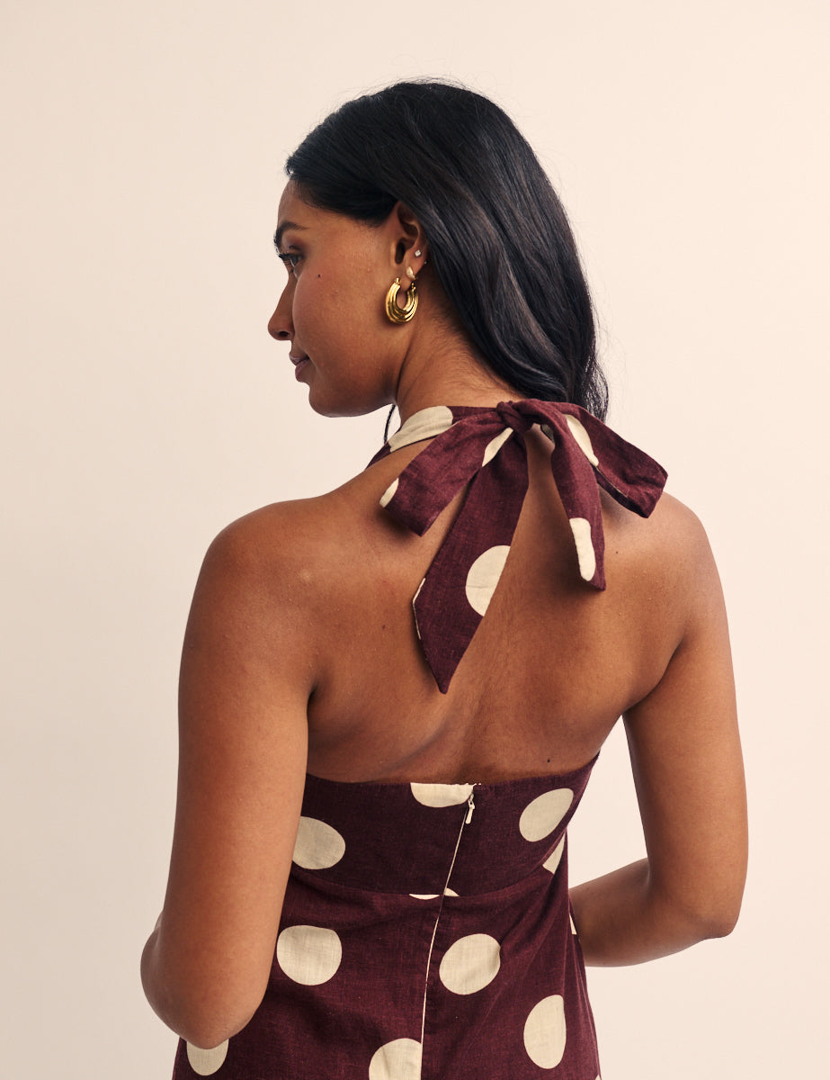 Brown Polka Dot Halterneck Sabina Midi Dress