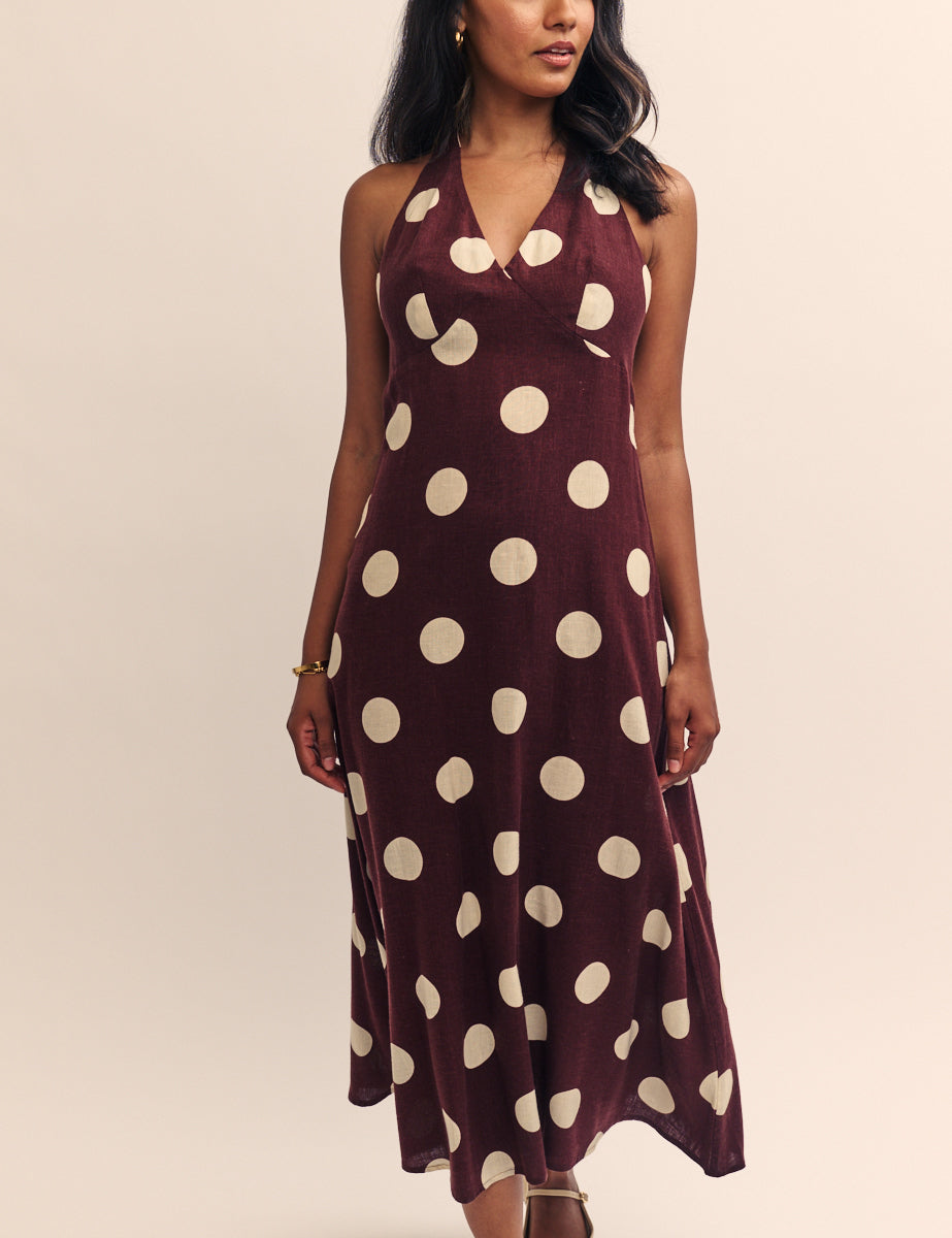 Brown Polka Dot Halterneck Sabina Midi Dress