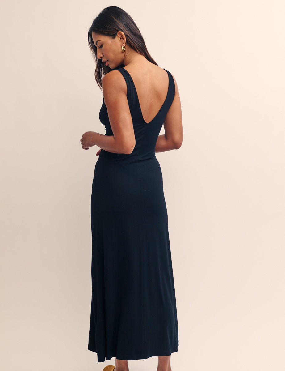 Black Ruched Bodice Midi Dress