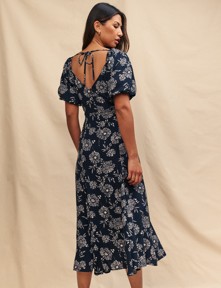 Black Floral Puff Sleeve Callie Midi Dress