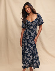 Black Floral Puff Sleeve Callie Midi Dress