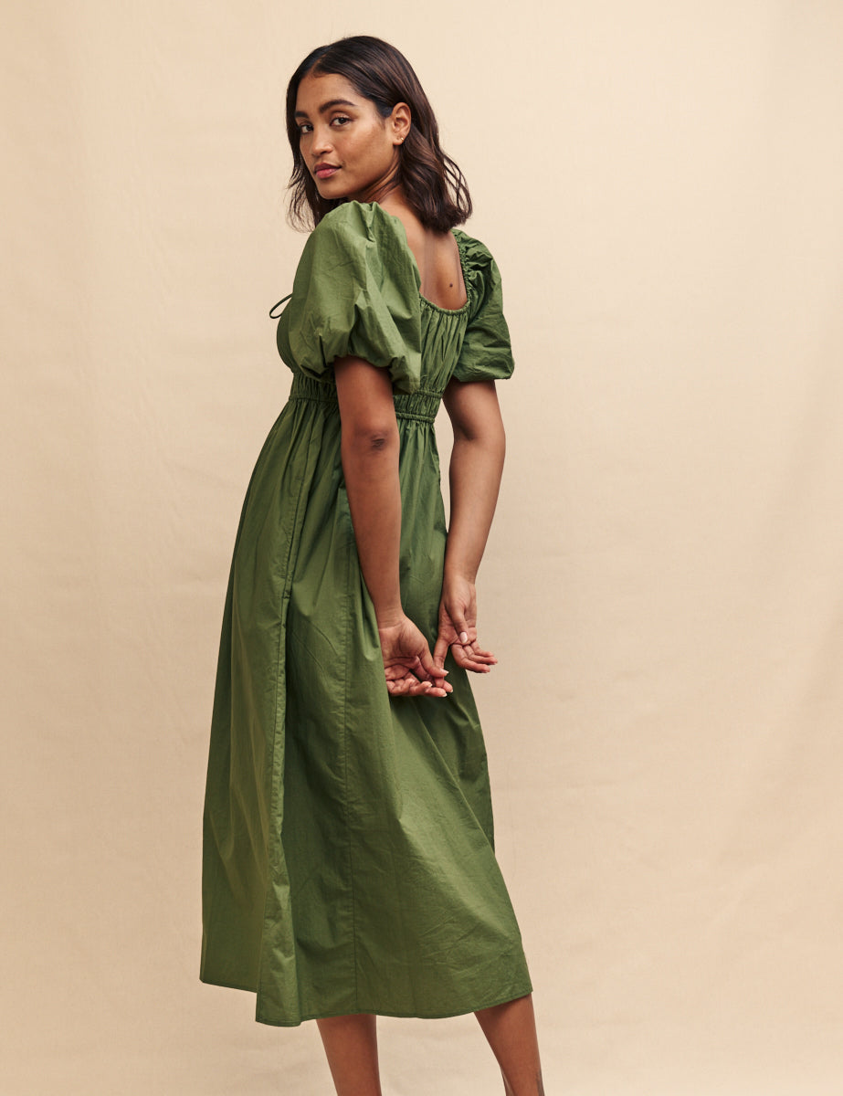 Forest Green Puff Sleeve Evelyn Midi Dress