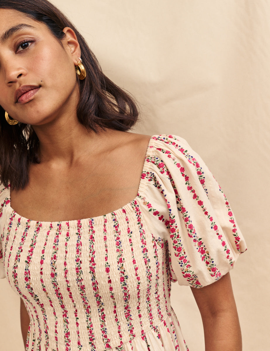 Pink Floral Stripe Detail Tiered Tallulah Midi Dress