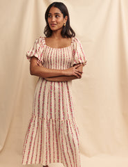 Pink Floral Stripe Detail Tiered Tallulah Midi Dress